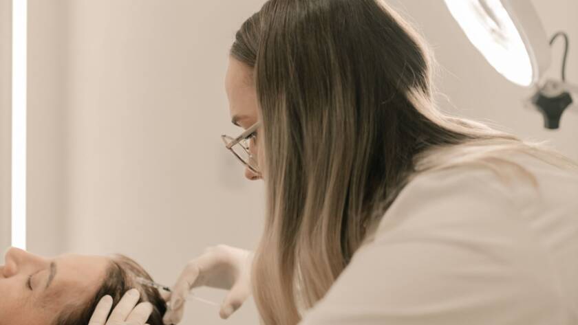 Dermatologista avalia a pele de paciente com dermatoscópio em consulta segura de dermatologia integrativa em BH